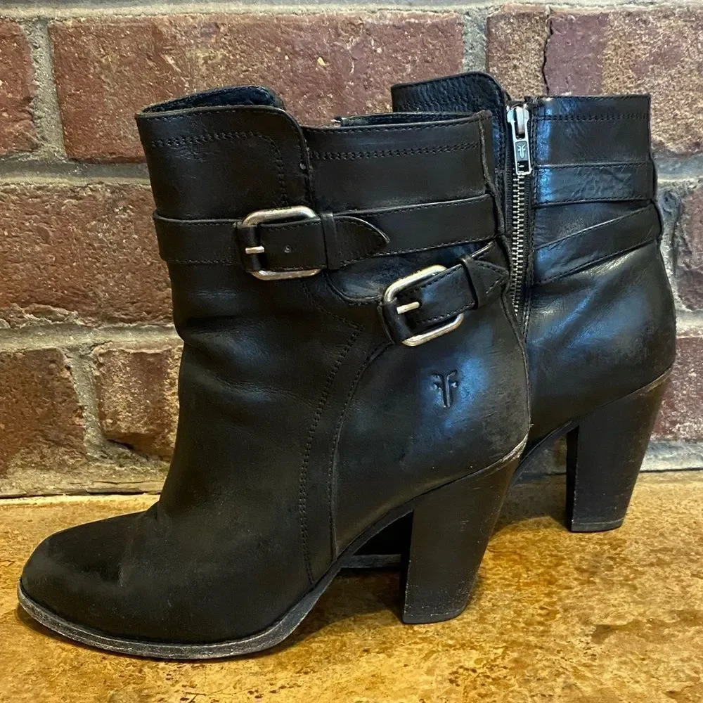 Frye Black leather‎ Jenny Shield stack heeled short boot Booties sz 8.5 - Picture 2 of 11